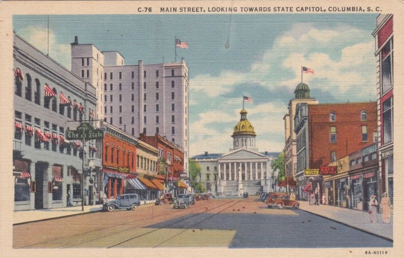 South Carolina Columbia Main Street Looking Toward State Capitol Curteich sk1480