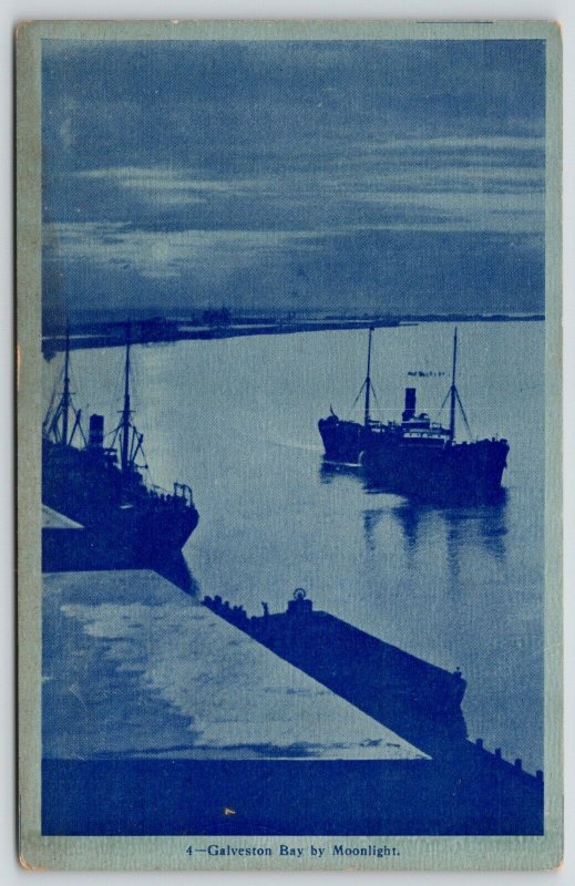 Galveston Texas~Steamers in Bay by Moonlight~Dock & Wharf~1910 Blue Gray Tint PC 