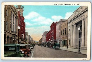 Oneonta New York NY Postcard Main Street  Business Section c1920s Antique Cars