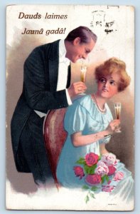 Latvia Postcard New Year Couple Romance Champagne Roses Flowers c1910's Antique