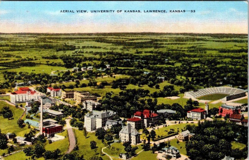 KS, Lawrence  UNIVERSITY OF KANSAS Campus~Stadium Bird's Eye View LINEN Postcard