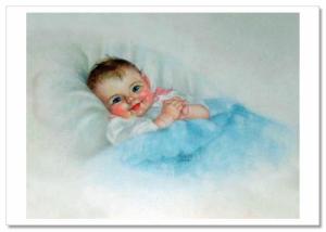 Little Child in blue bed cradle by Charlotte Becker New Modern postcard