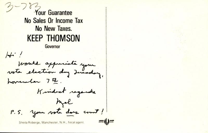 Political - New Hampshire. Keep (Meldrim) Thomson Governor