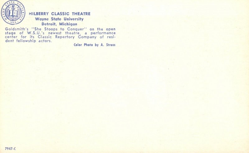 Vintage Postcard  Hilberry Classic Theatre Wayne State Univ. Detroit Michigan