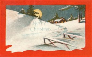 Vintage Postcard 1919 Merry Christmas Greetings Card Winter Snow House at Night