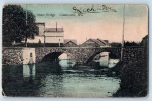 Clintonville Wisconsin WI Postcard Stone Bridge River Trees Houses 1908 Vintage