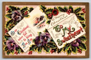 Christmas~To My Sweetheart~Dickens~Holly~Purple Pansies~c1910 Vintage Postcard