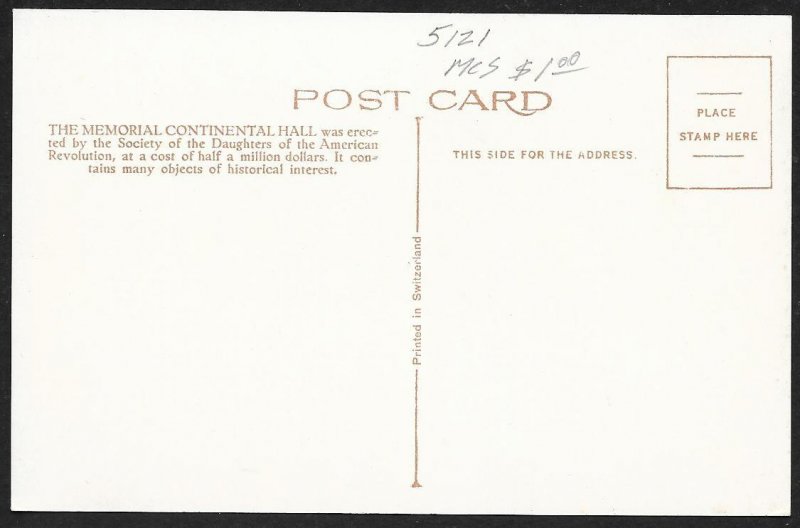 Memorial Continental Hall Washington DC Unused c1920s