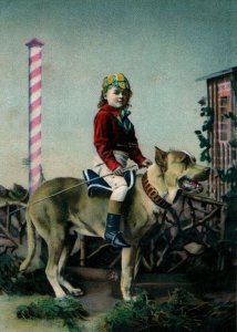 Cute Realistic Child Riding Large Dog with Saddle Victorian Trade Card L9
