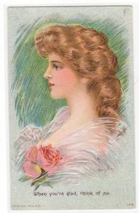 When You're Glad Think of Me Beautiful Lady artist signed Stumm 1910c postcard