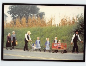 Postcard Two Young Amish Families Walk to Church Pennsylvania USA