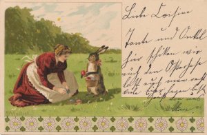 Easter Greetings - Lady and Rabbit gathering Eggs - a/s A. Mailick - UDB
