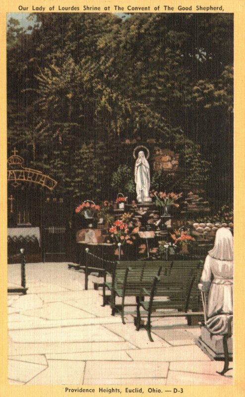 Vintage Postcard Our Lady Of Lourdes Statue Gathering Area Good Shepherd Euclid