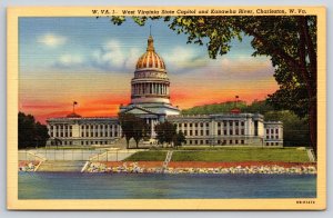 Charleston WV~West Virginia State Capitol & Kanawha River~Vintage Linen Postcard
