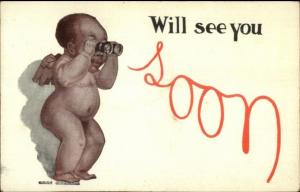 Black Americana - Naked Baby Cherub w/ Binoculars SEE YOU SOON Postcard c1910