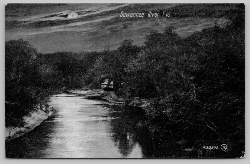 Moonlight Peaks Thru Clouds Above Suwannee River FL~Home Hestled on Shore c1910 