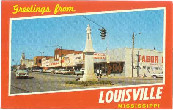 Street Scene Greetings from Louisville Mississippi MS, Chrome