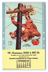 November 1944 Monkey Calendar Postcard The American Coach & Body Co. Cleveland