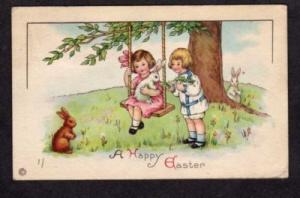 Vintage Easter Postcard Girl Feeding Bunny Rabbit Swing