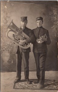 Real Photo Studio Postcard Two Musicians Tuba and Cornet Brass Instruments