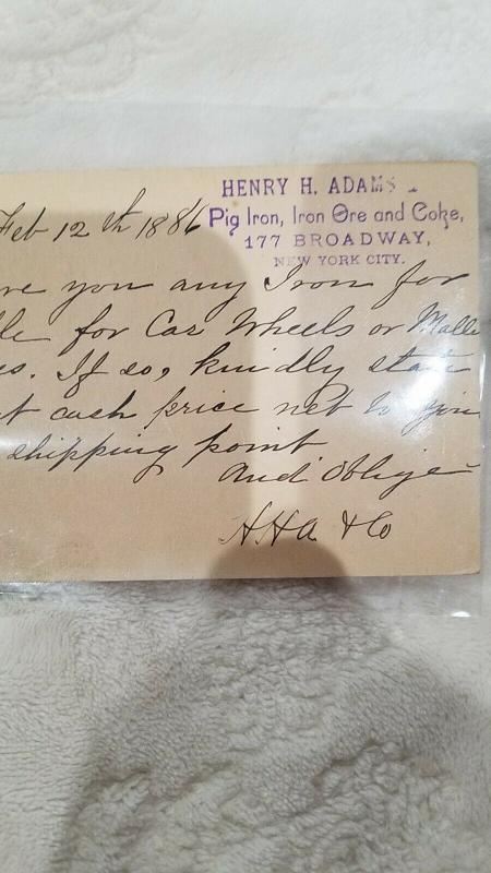 Antique Postcard, 1886, sent from Henry H. Adams Pig Iron, Iron Ore and Coke