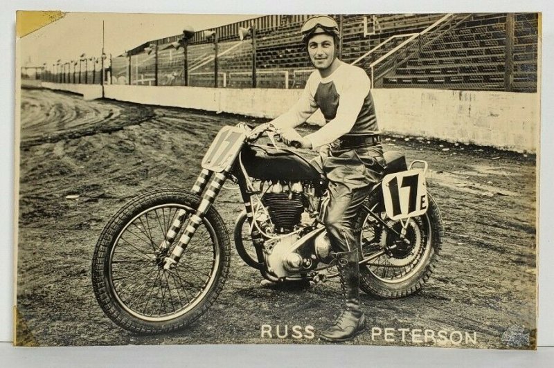 RPPC Motorcyclist RUSS PETERSON of Flint Mich 1940s Motorcycle Rare Postcard M16