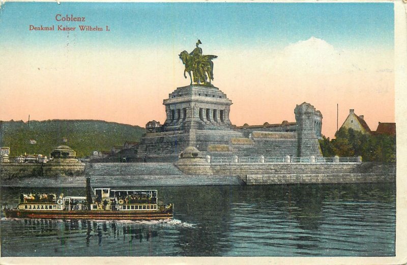 Postcard Germany Coblenz denkmal kaiser wilhelm monument boat statue sculpture