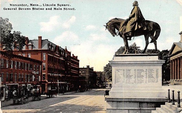 Lincoln Square in Worcester, MA General Devens Statue & Main Street.