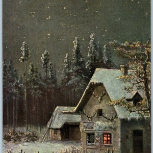 1903 Lyon France Alice Vandre Postcard Night Winter Forest Cabin Antlers Snow
