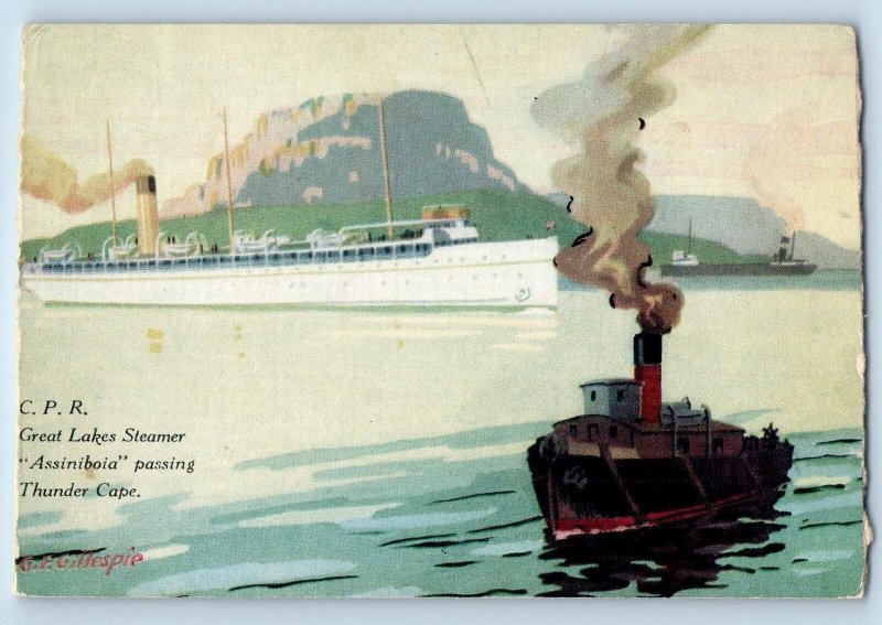 c1910's C.P.R. Great Lakes Steamer Ship Assiniboia Passing Thunder Cape Postcard