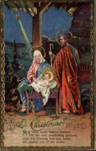 Christmas Nativity Mary Joseph Baby Jesus Gel Gelatin Gilt c1910 Postcard