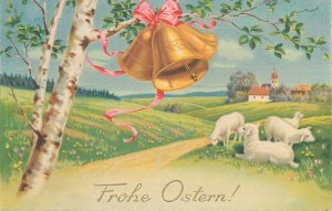 Easter greetings postcard 1934 Austria drawn lambs & bells 