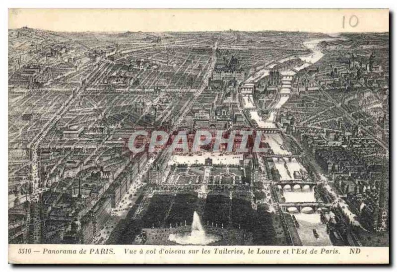 Old Postcard Panorama View of Paris has a straight on the Tuileries and the L...