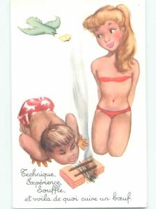 foreign 1960's Risque FRENCH GIRL IN SMALL BIKINI & BIRD WITH BUTTERFLY AB7310