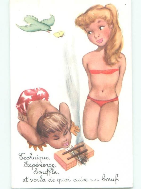 foreign 1960's Risque FRENCH GIRL IN SMALL BIKINI & BIRD WITH BUTTERFLY AB7310