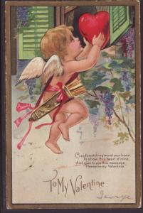 To My Valentine,Cupid Putting Heart in Window Postcard