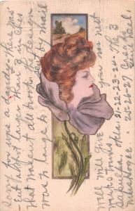 BEAUTIFUL WOMAN HEAD IN CENTER OF FLOWER ARTIST DRAWN GREETING POSTCARD c1909