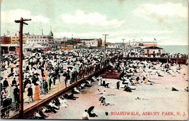 Vtg Asbury Park New Jersey NJ Busy Boardwalk Beach 1908 Old Postcard 