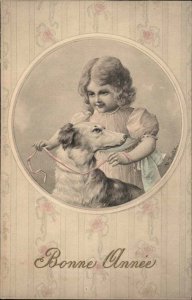 Bonne Annee New Year Little Girl & Borzoi Dog Ribbon Collar TSN 608 Postcard