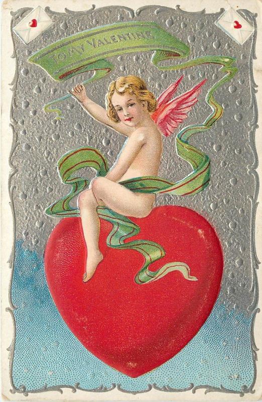 1907-1915 Embossed Valentine Postcard Ser.22; Cupid on Giant Heart Green Ribbon