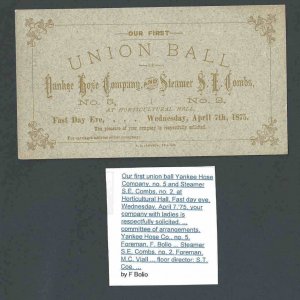 1875 Firemans Ball Worcester Ma 1st Firemans Ball Yankee Hose Co #5 See Info