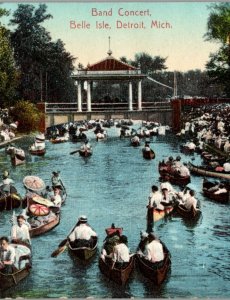 Band Concert Belle Isle Detroit Michigan Postcard Row Boats Pavilion Antique