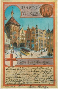 Germany Freiburg Breisgau heraldry Martin`s Thor tram 1900 artist H. Dischler 