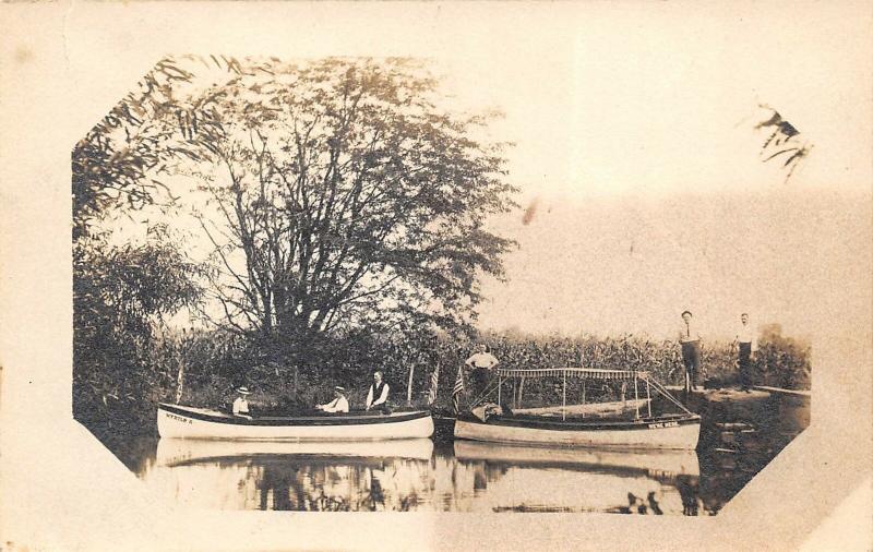 1910s RPPC Real Photo Postcard Boats WE'RE HERE & MRYTLE K on Stream