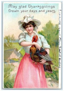 1911 Thanksgiving Pretty Woman Bonnet Holding Turkey Clapsaddle Antique Postcard