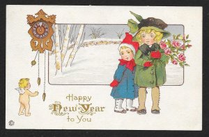 Happy New Year to You Winter View Clock & 2 Kids Used c1921