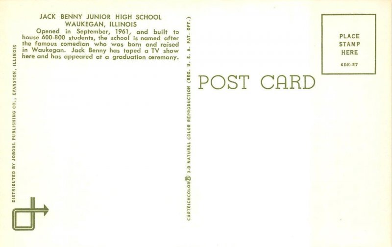 Waukegan, IL Illinois  JACK BENNY JUNIOR HIGH SCHOOL Named After Actor  Postcard