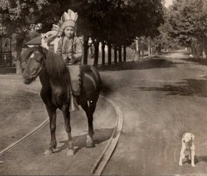 RPPC  Halloween Costume  Boy on Horse With Dog  Native American Indian  Postcard