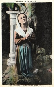 Vintage Postcard 1920's Bernadette at Grotto Notre Dame Lourdes Church Saco ME