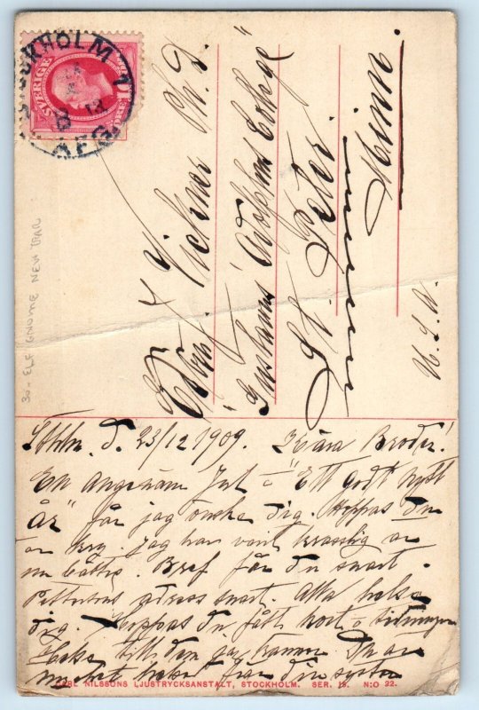 1909 New Year Elf Gnome Cooking Woman Playing Accordion Antique Posted Postcard